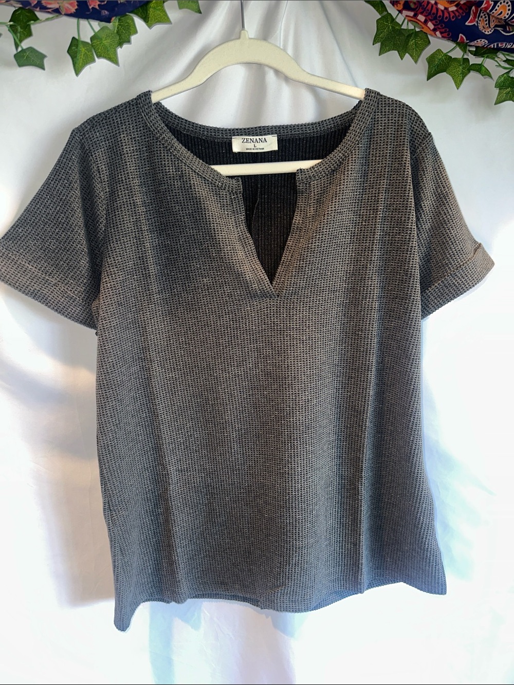Zenana Outfitters Charcoal Gray Notch Neck Short Sleeve Top